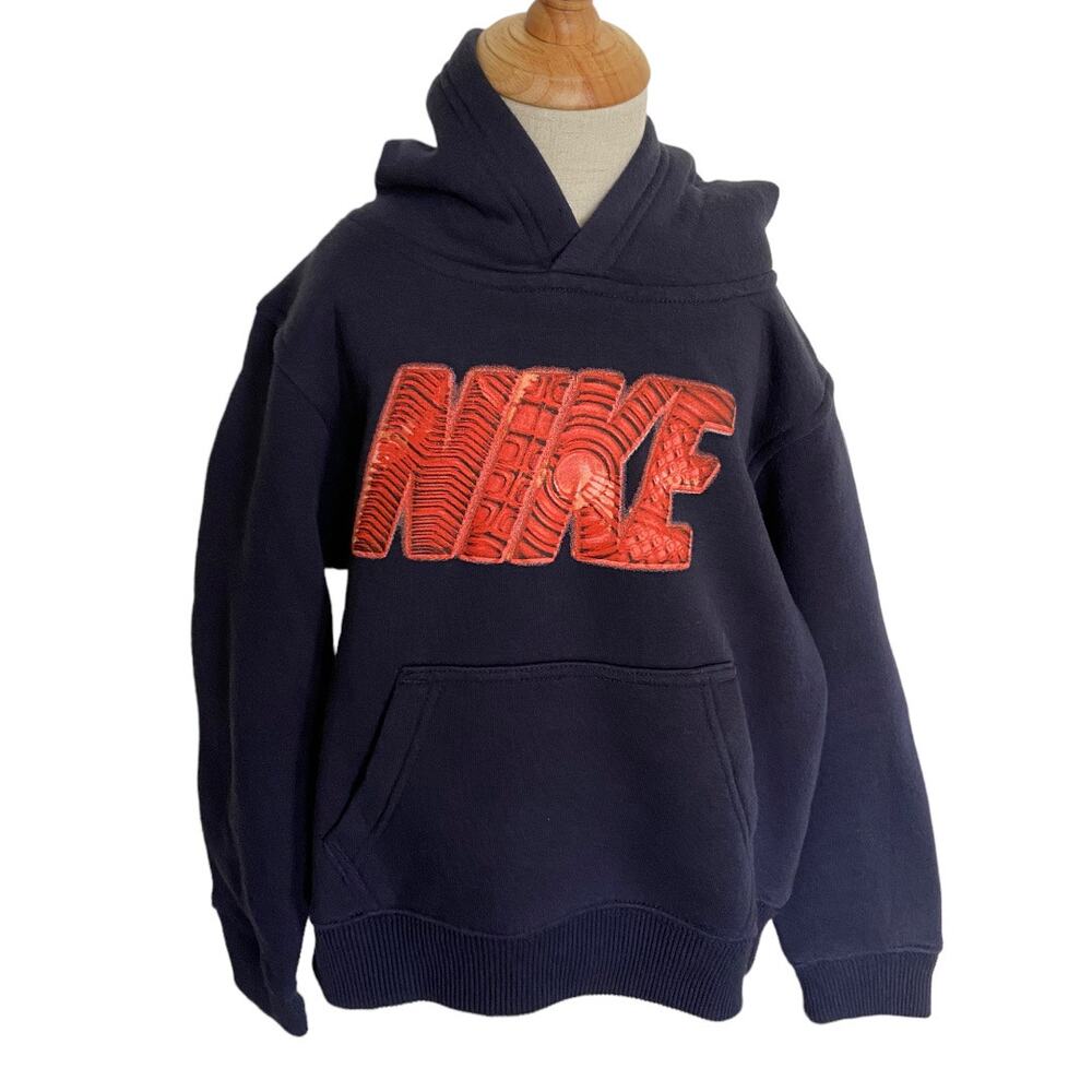 Nike Boys Hoodie Size 7 Navy Blue‎ Orange Logo Kangaroo Pocket Sweatshirt